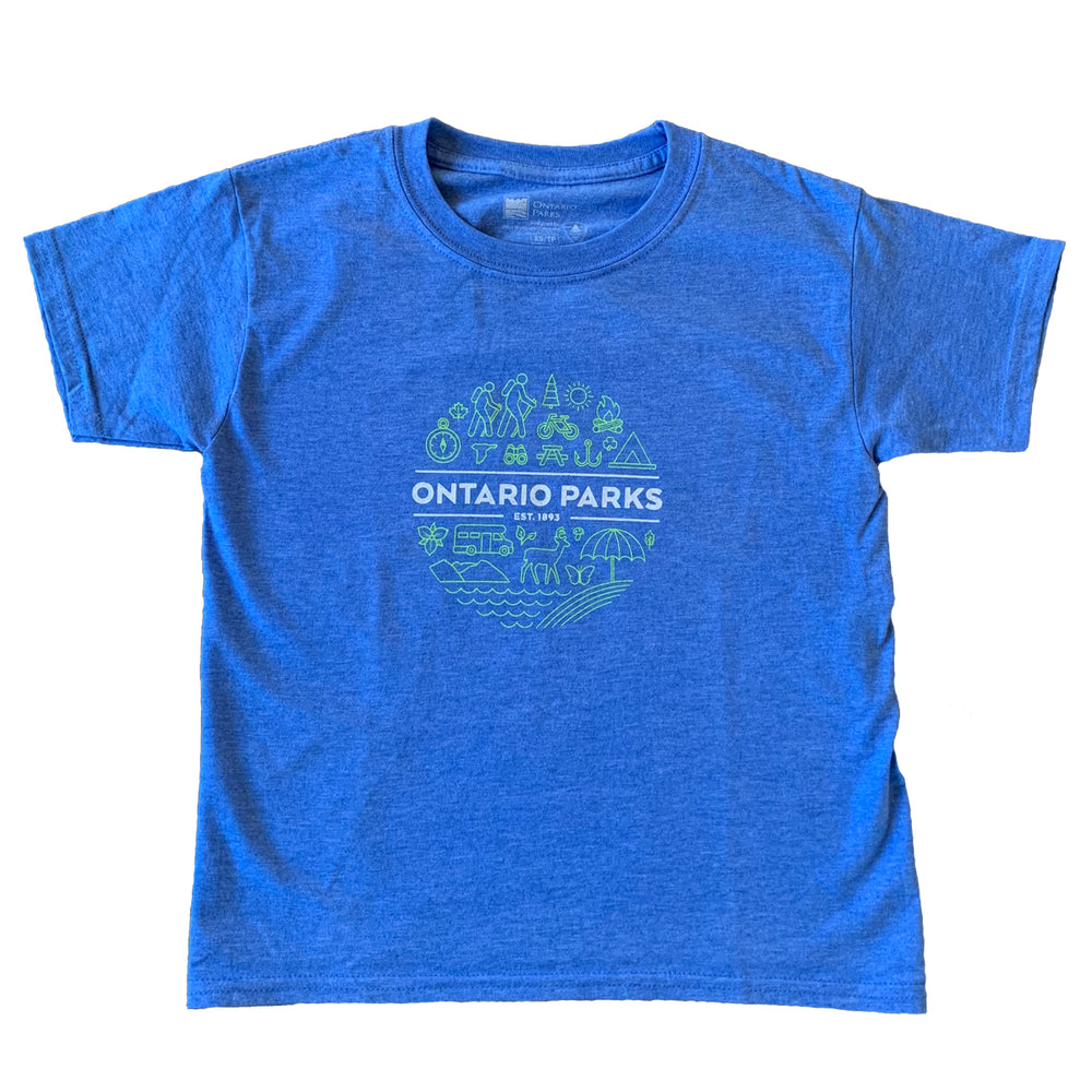 Youth South T-shirt in blue. Green/white 'South' design screened on centre chest.