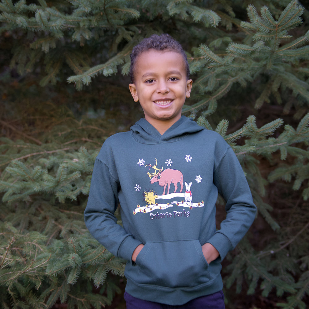 Boy wearing Ontario Parks green winter animals hoodie. On front of hoodie is moose, bunny and porcupine in winter scene. Boy has hands in pockets standing in front of pine trees. 