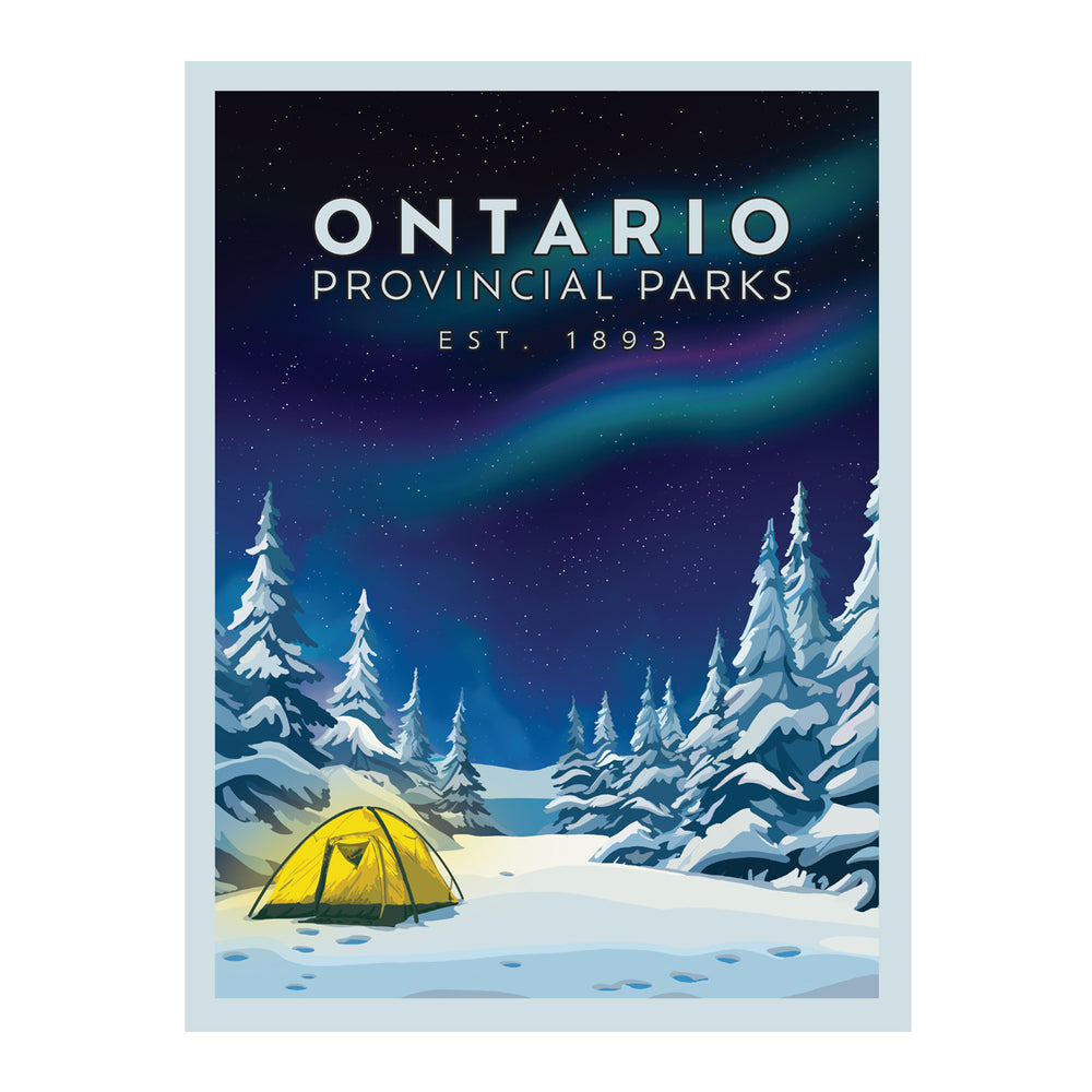 Ontario Parks Winter Poster. Poster shows night sky in a snowy scene with snow on trees. Yellow tent on left side of scene.  