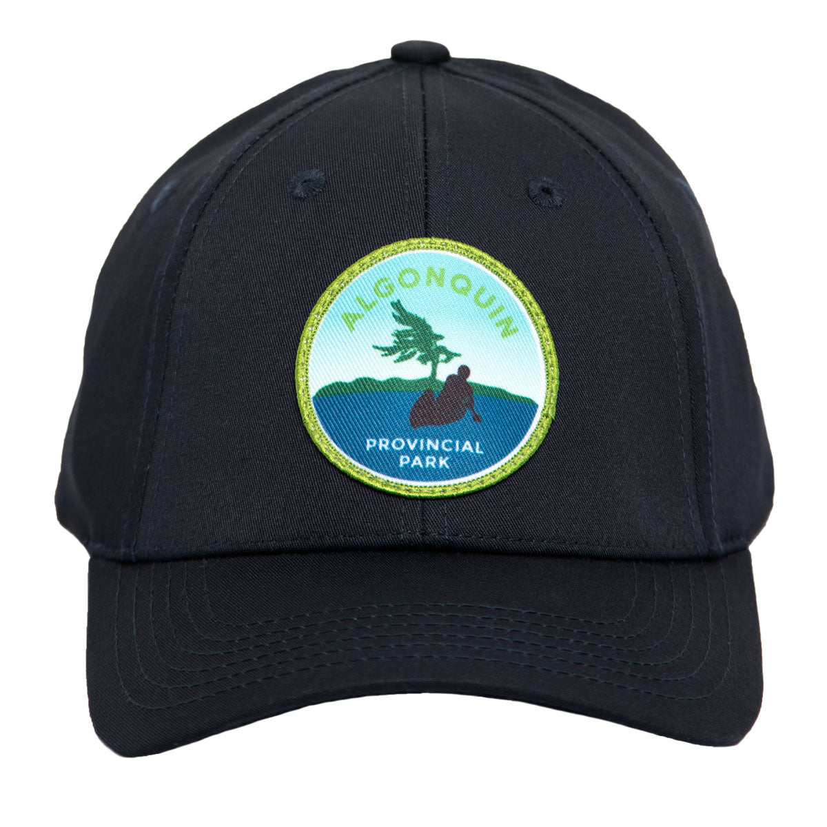 Navy park specific ball cap, featuring embroidered Algonquin Provincial Park crest. Front view of brim. 