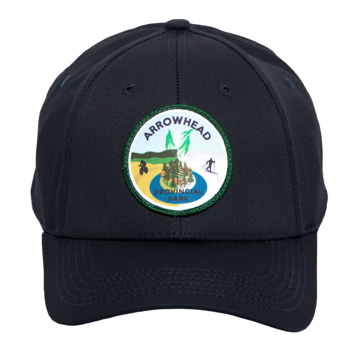 Navy park specific ball cap, featuring embroidered Arrowhead Provincial Park crest. Front view of brim. 