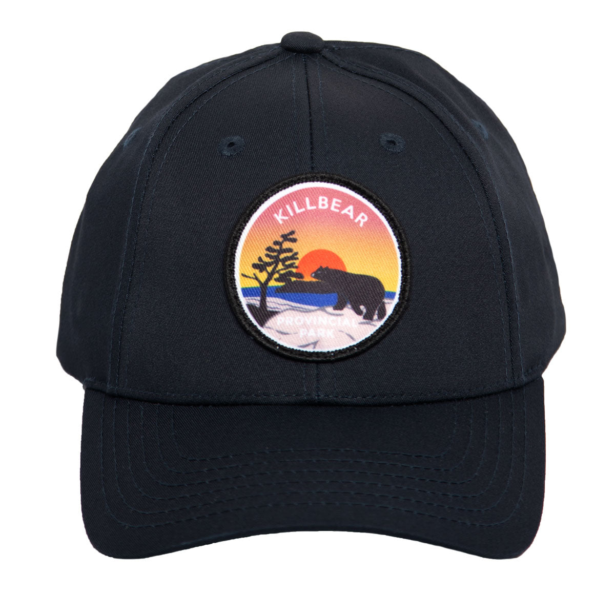 Navy park specific ball cap, featuring embroidered Killbear Provincial Park crest. Front view of brim. 