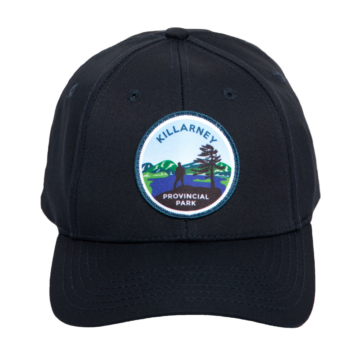Navy park specific ball cap, featuring embroidered Killarney Provincial Park crest. Front view of brim. 