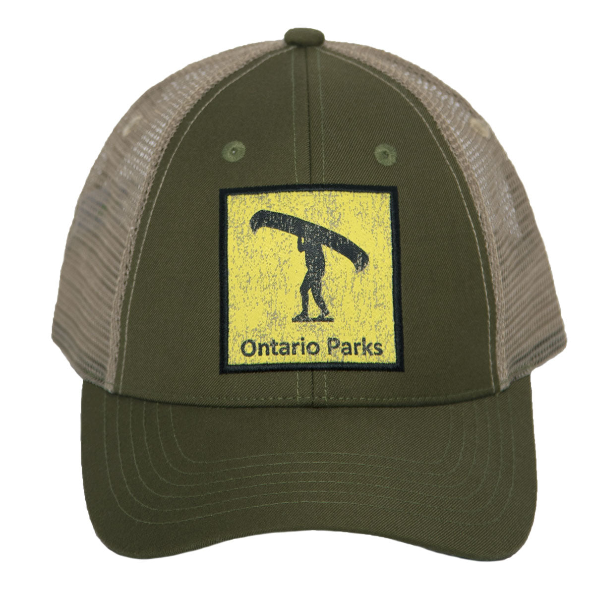 Front of mesh-back Portage emblem ball cap. Weathered yellow/black Portage symbol (man carrying canoe) is embroidered on the front of this Olive green and beige hat.
