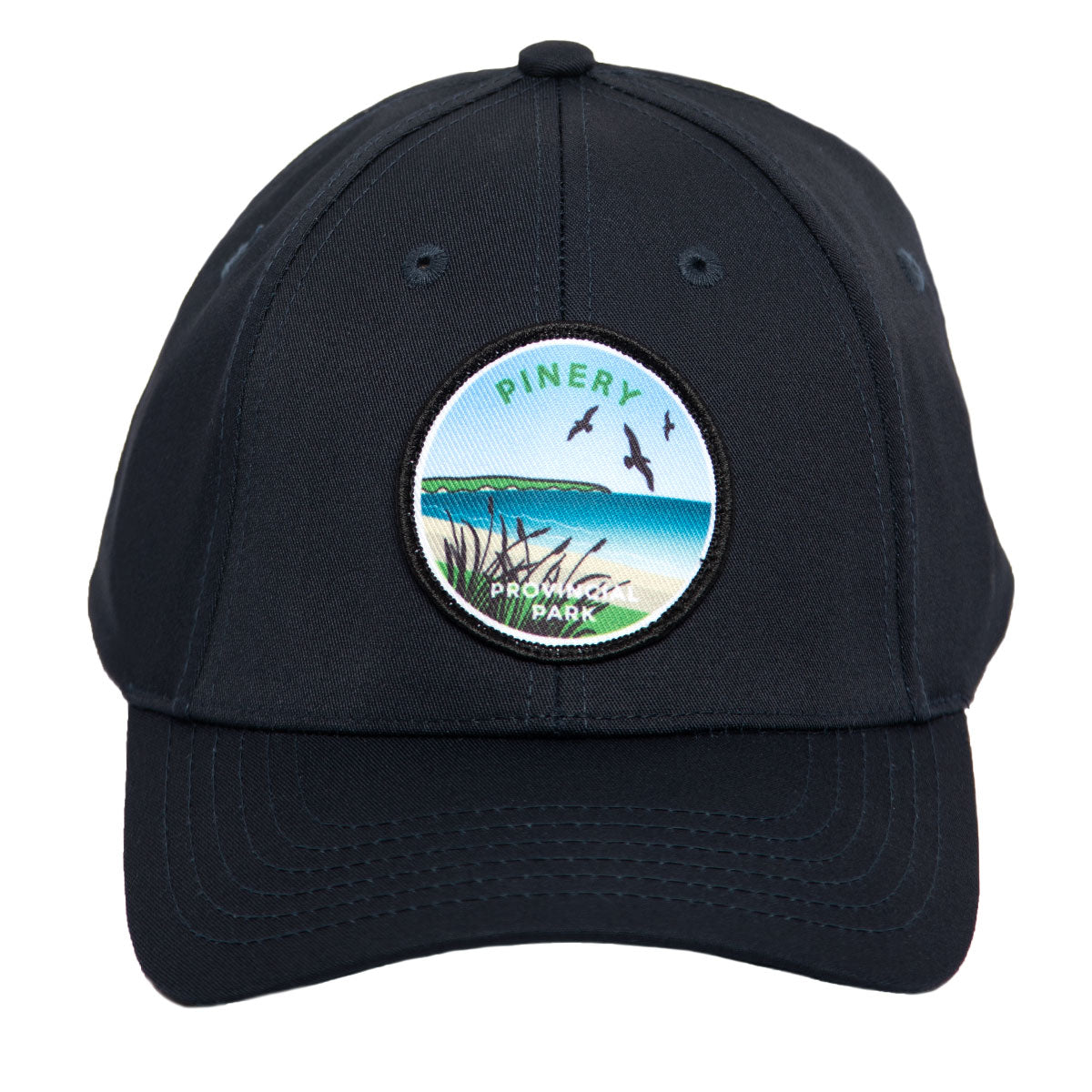 Navy park specific ball cap, featuring embroidered Pinery Provincial Park crest. Front view of brim. 