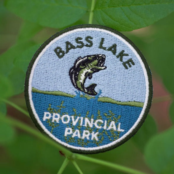 Round embroidered park crest patch for Bass Lake Provincial Park