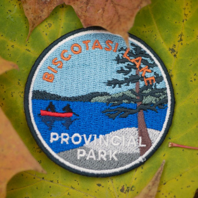 Round embroidered park crest patch for Biscotasi Lake Provincial Park