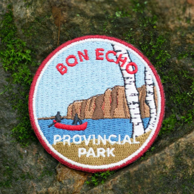 Round embroidered park crest patch for Bon Echo Provincial Park.