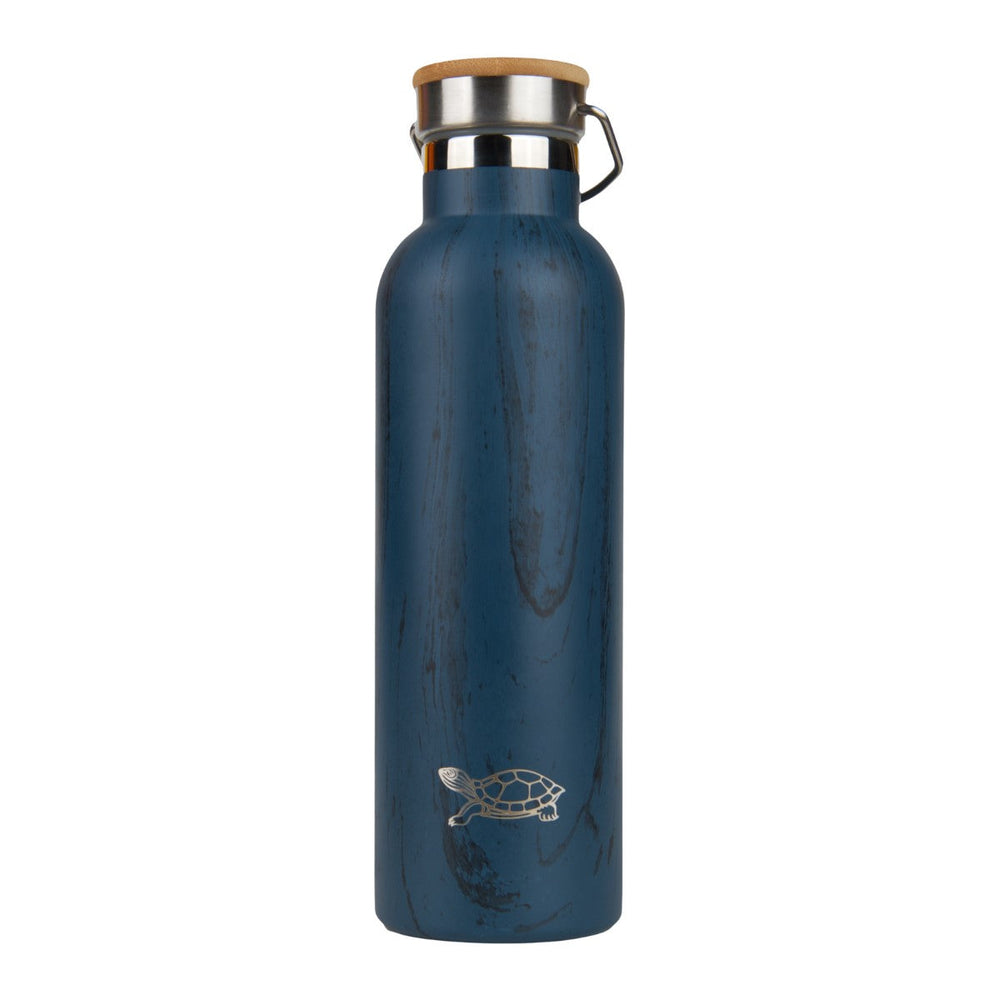 Navy Chilly Moose Turtle Water bottle with black bark design (back), featuring small etched turtle design at bottom. 