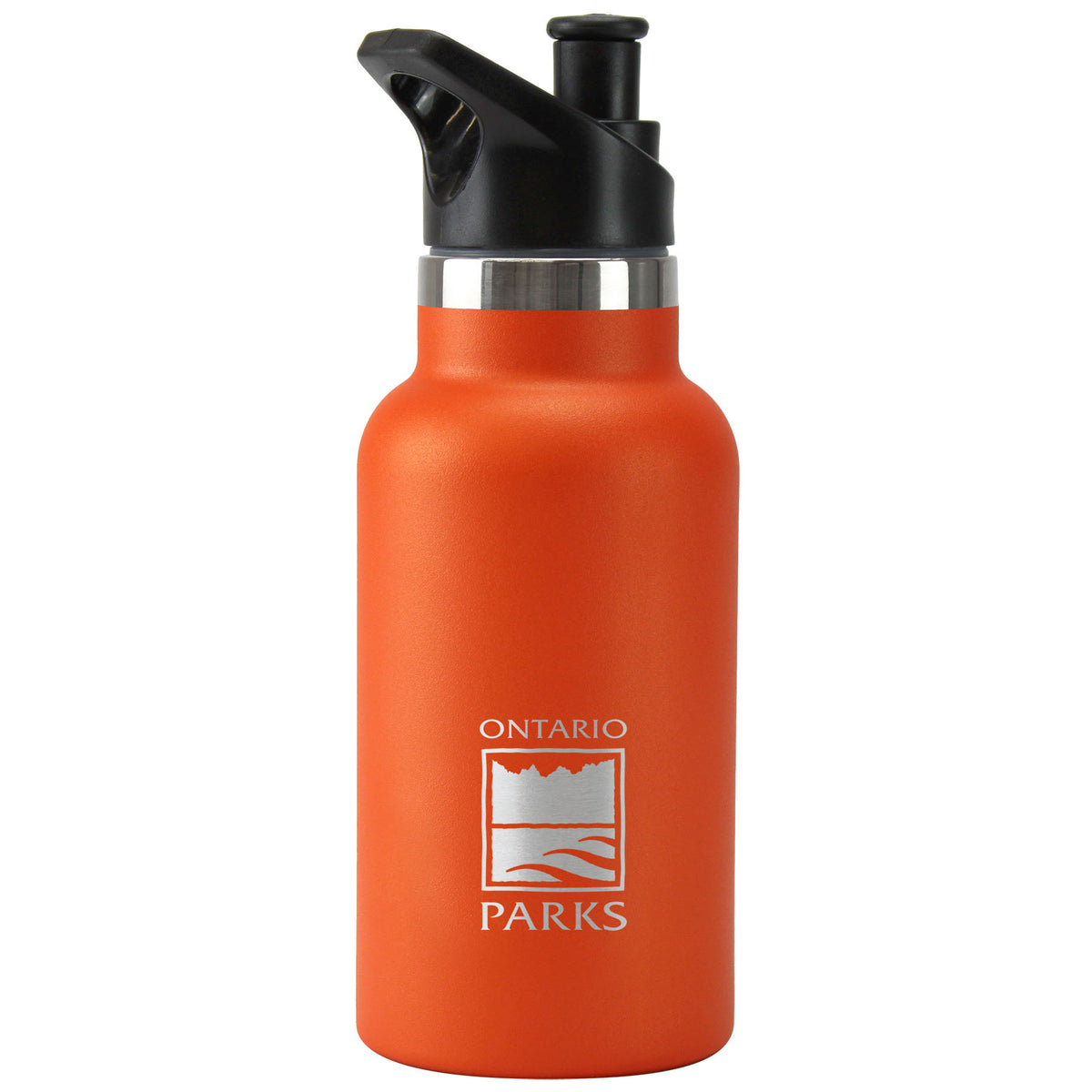 Orange (Colour Blaze Orange) 14 oz Water bottle. Etched Ontario Parks logo on front. Black sport nozzle for top.