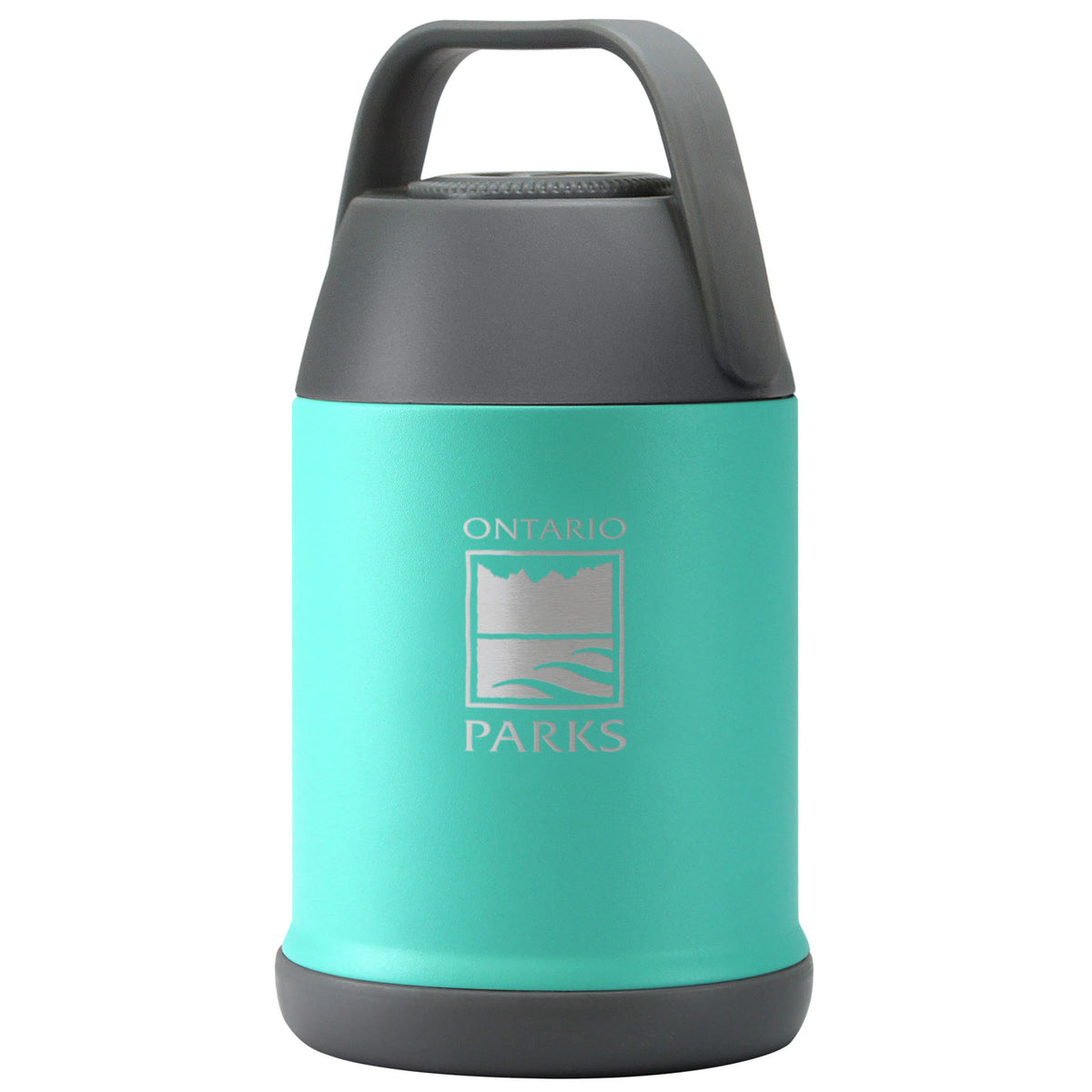 Teal blue (colour name Southampton) 16 Oz Chilly Moose thermos, with etched Ontario Parks logo on front. Black base and handle.