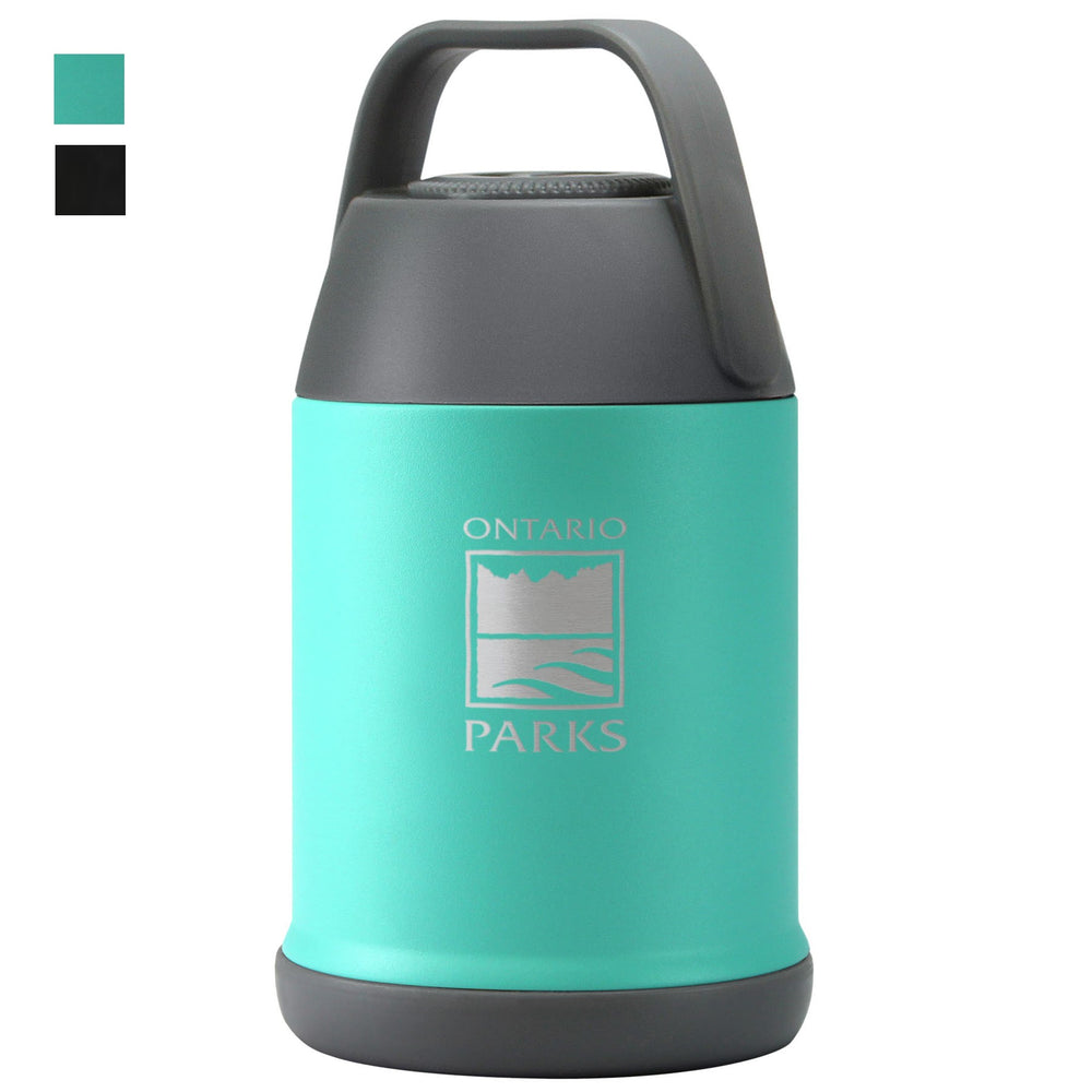 Teal blue (colour name Southampton) 16 Oz Chilly Moose thermos, with etched Ontario Parks logo on front. Black base and handle. 