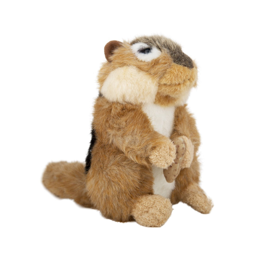 Chipmunk plush stuffed animal, holding stuffed peanut. 