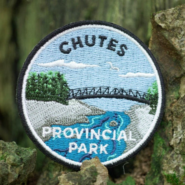 Round embroidered park crest patch for Chutes Provincial Park