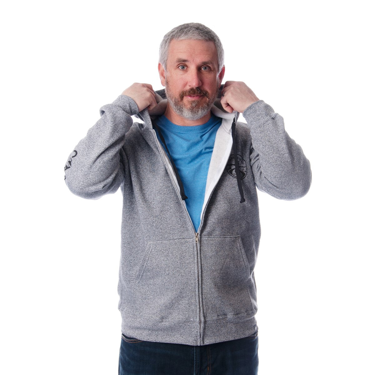 Male wearing Unisex Park Specific Grey Zip-up hoody (front). Black Arrowhead park crest imprint on left chest.