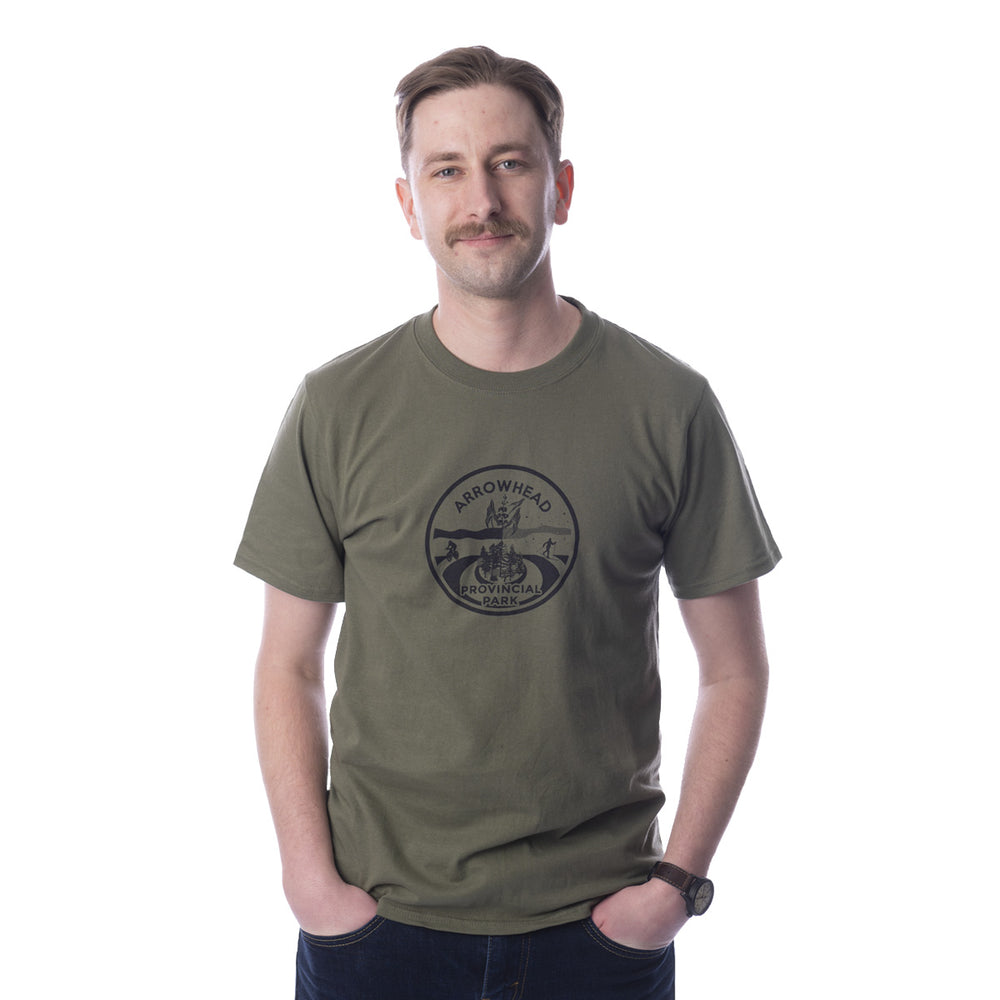 Male wearing Fatigue Green Unisex Park Specific T-shirt (front).
