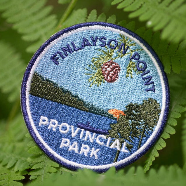 Round embroidered park crest patch for Finlayson Point Provincial Park