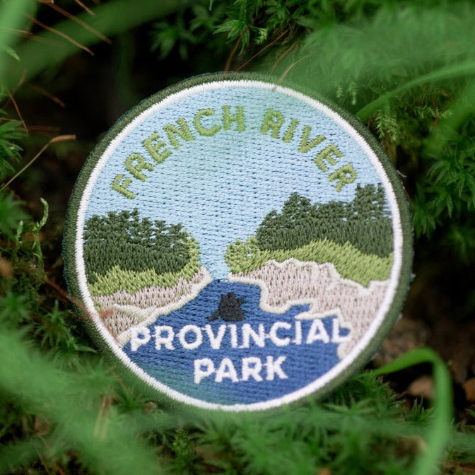 Round embroidered park crest patch for French River Provincial Park