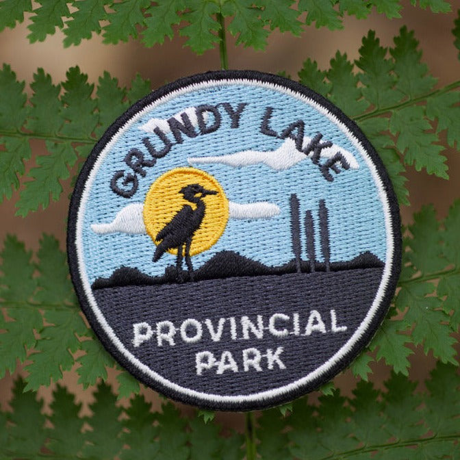 Round embroidered park crest patch for Grundy Lake Provincial Park