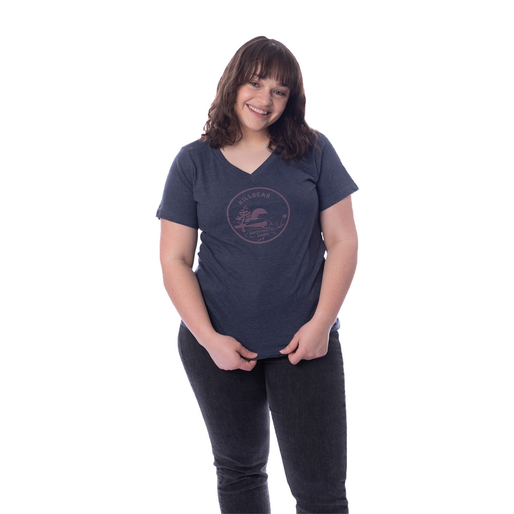 Female wearing heather navy Ladies Fit Park Specific T-shirt V-neck. Pink Killbear park crest on centre chest.