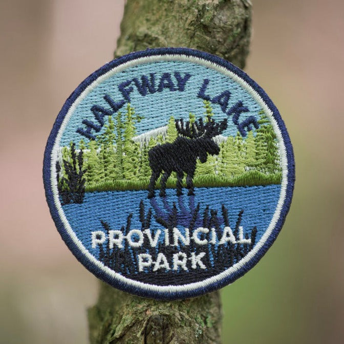 Round embroidered park crest patch for Halfway Lake Provincial Park