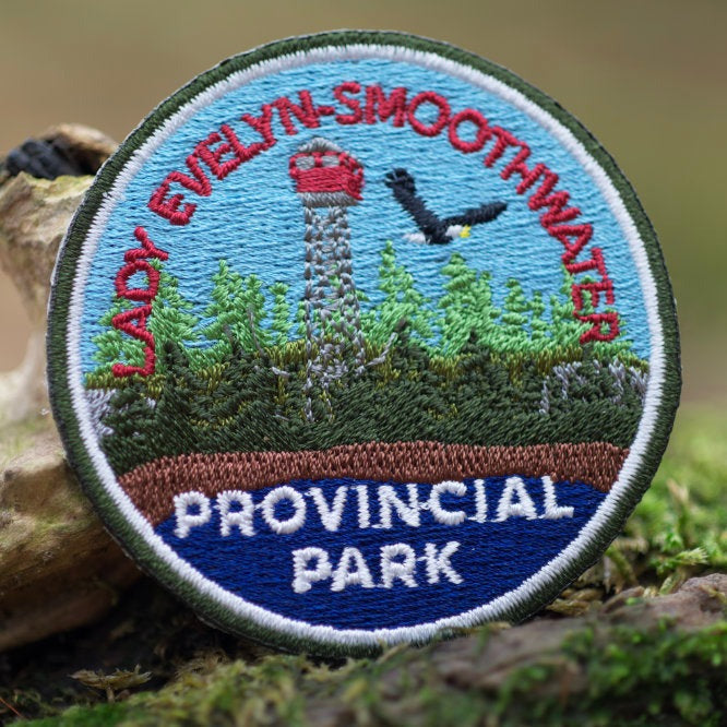 Round embroidered park crest patch for Lady Evelyn-Smoothwater Provincial Park