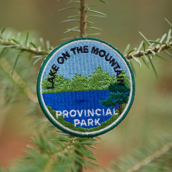 Round embroidered park crest patch for Lake on the Mountain Provincial Park