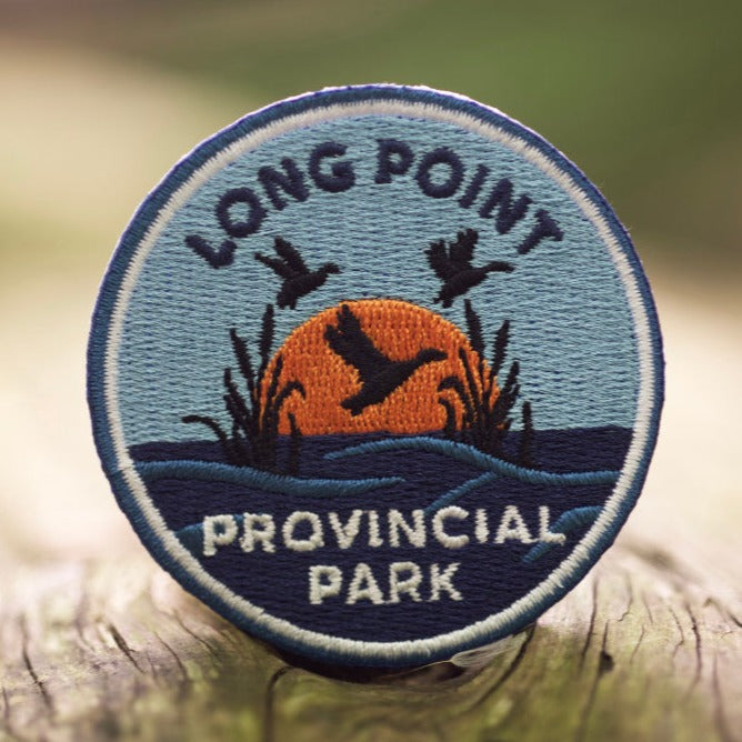 Round embroidered park crest patch for Long Point Provincial Park