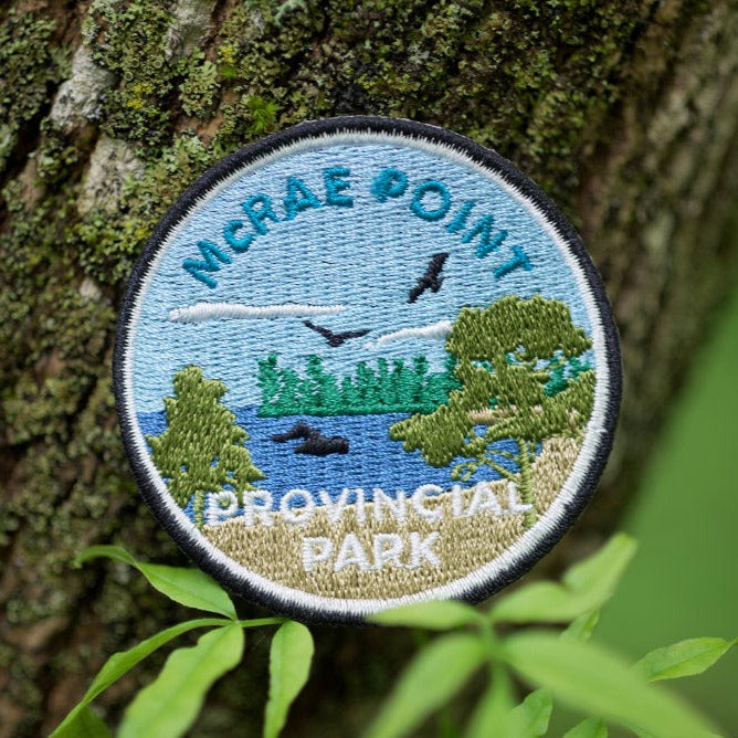 Round embroidered park crest patch for McRae Point Provincial Park