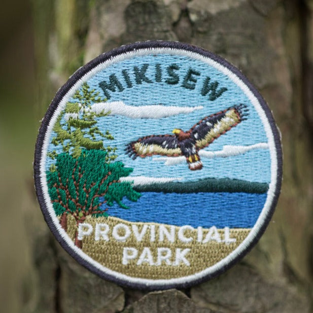 Round embroidered park crest patch for Mikisew Provincial Park