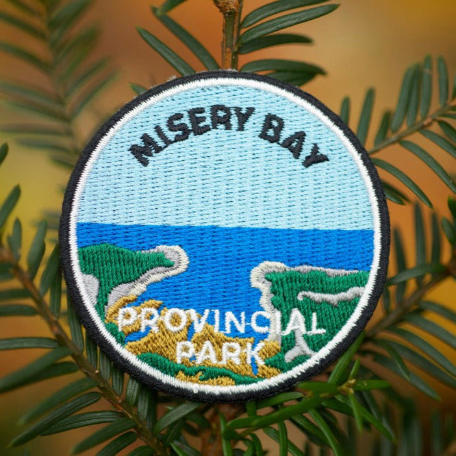 Round embroidered park crest patch for Misery Bay Provincial Park
