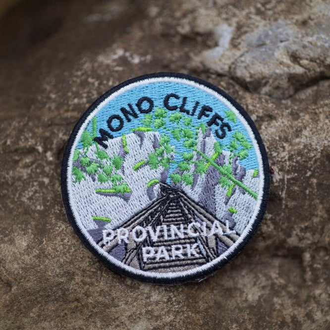 Round embroidered park crest patch for Mono Cliffs Provincial Park