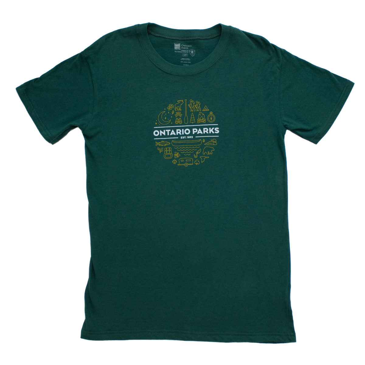 A tealy-green t-shirt with a yellow circle design filled with northern symbols like a moose, paddle, canoe, trailer, etc. Says "Ontario Parks est. 1893" in the centre. 