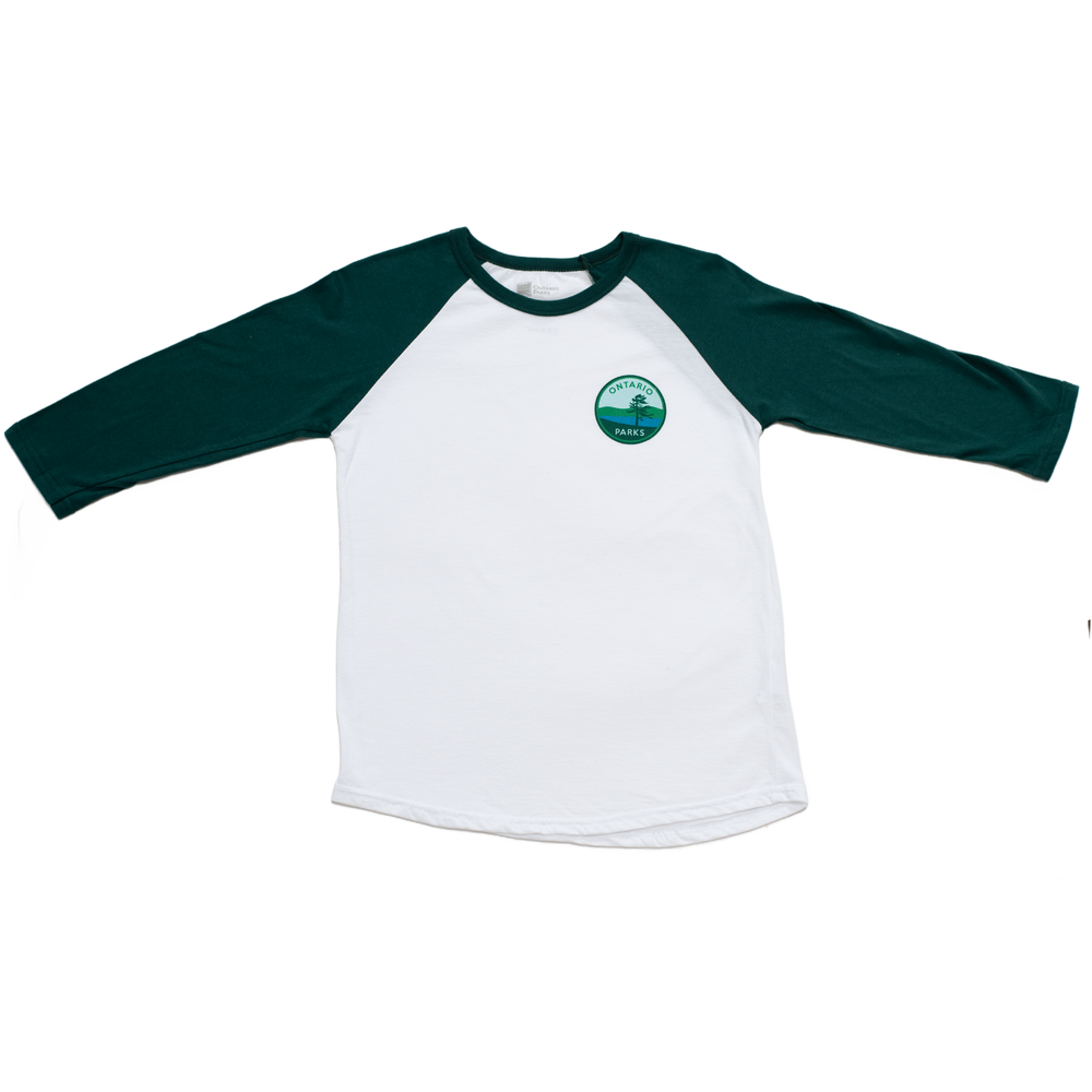 A green-sleeved baseball t-shirt with a white chest and back. The Ontario Parks crest is on the right chest. 