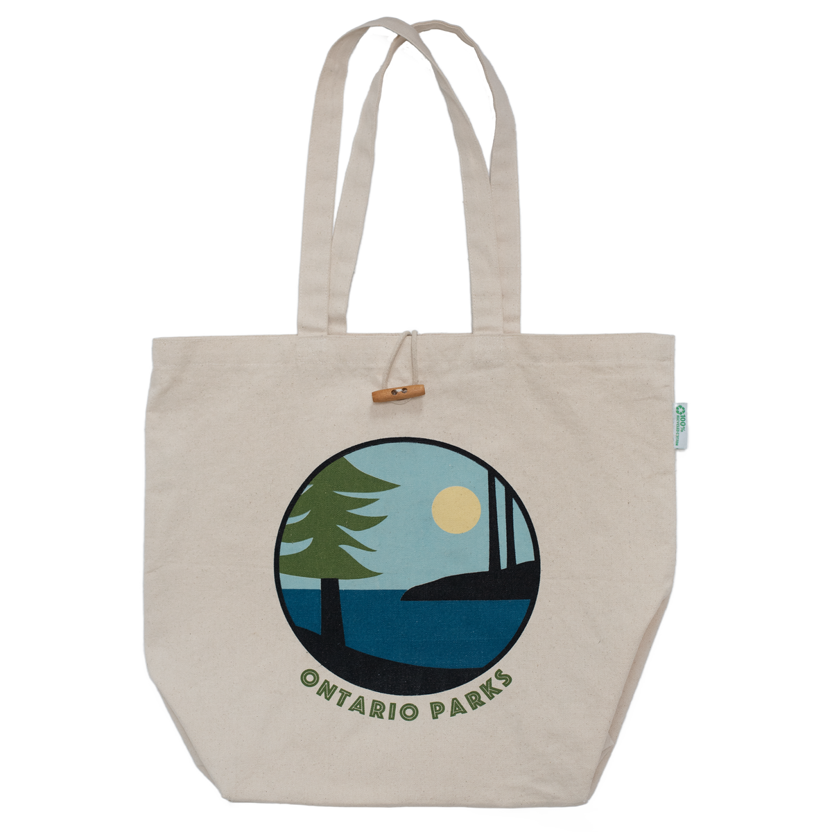 A canvas tote with a wood toggle and graphic of a tree, lake, and sun with "Ontario Parks" text.