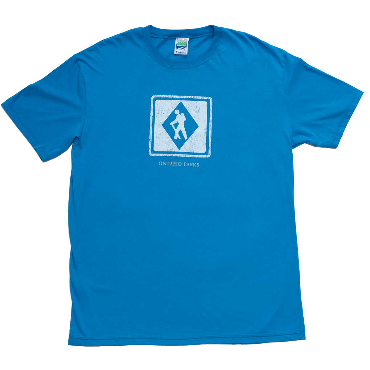 Blue t-shirt with the hiker symbol on the chest and "Ontario Parks" below. 