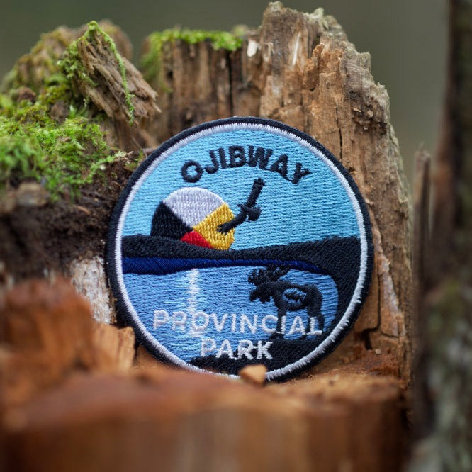 Round embroidered park crest patch for Ojibway Provincial Park