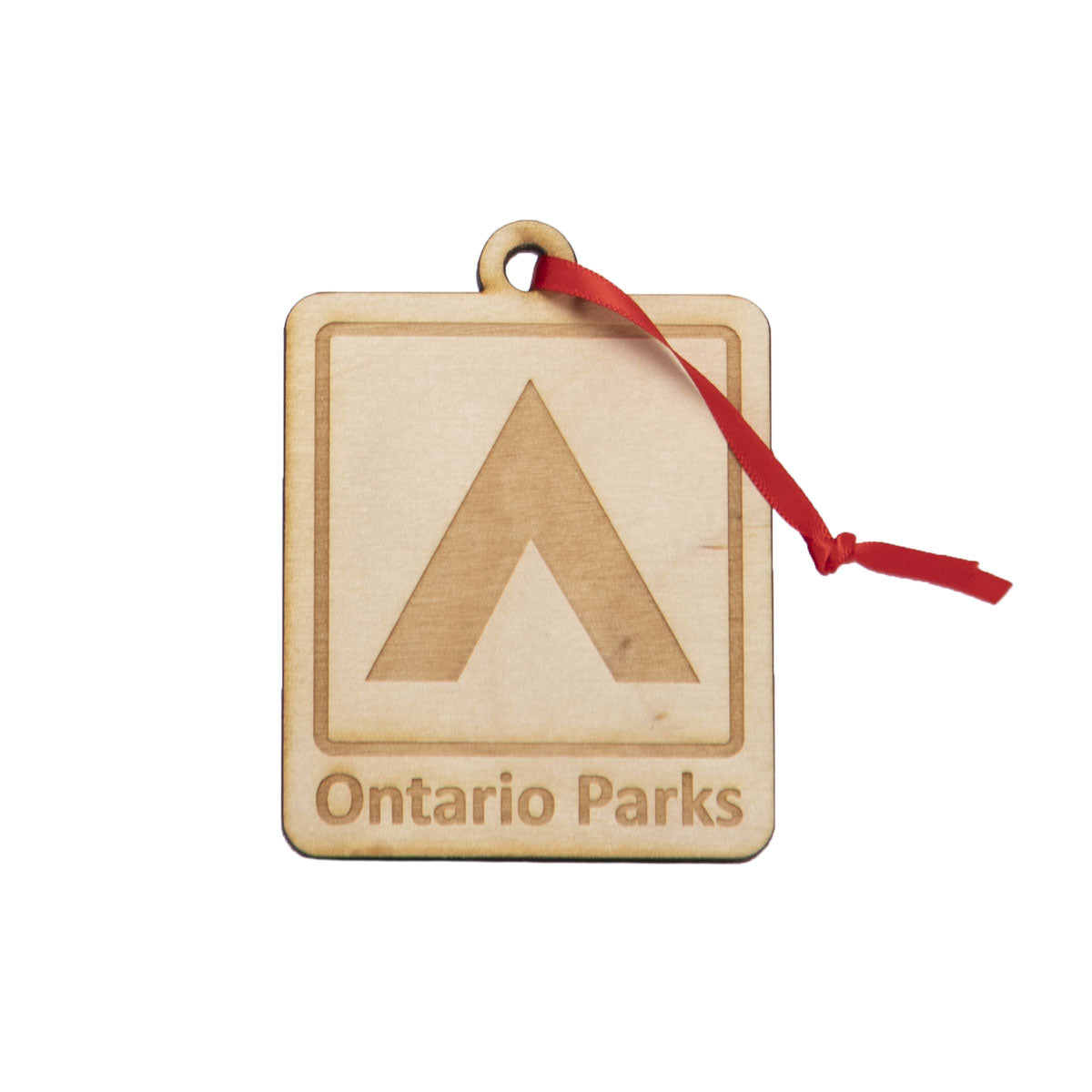 Wooden Ontario Parks square holiday ornament, showing etched graphic of Tent icon. Hung on red ribbon. 