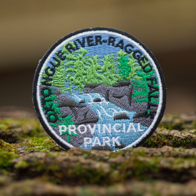 Round embroidered park crest patch for Oxtongue River-Ragged Falls Provincial Park