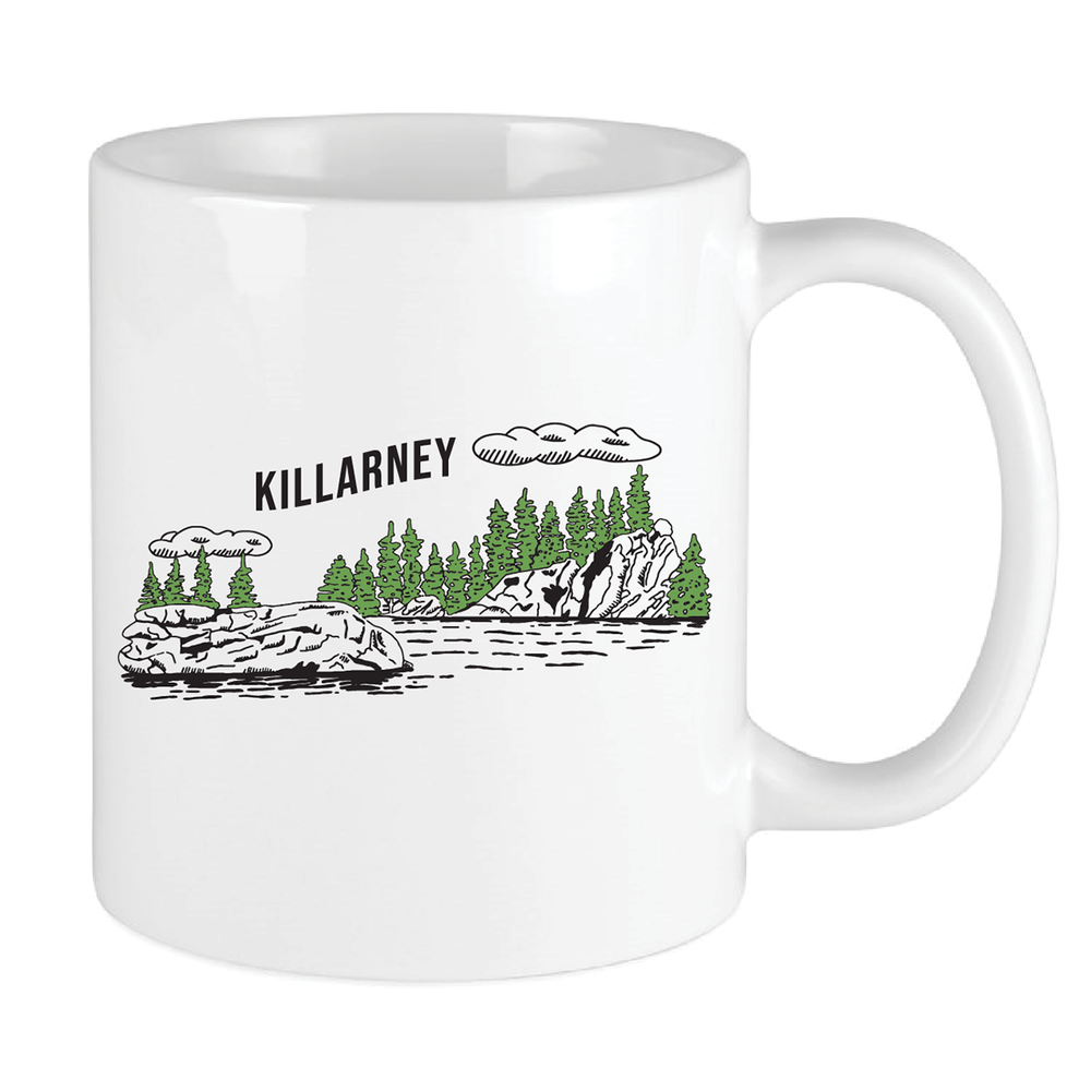 Design file for Peace Collective mug, showcasing Killarney Provincial Park's rocky shoreline with pine trees. 