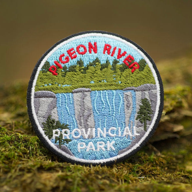 Round embroidered park crest patch for Pigeon River Provincial Park