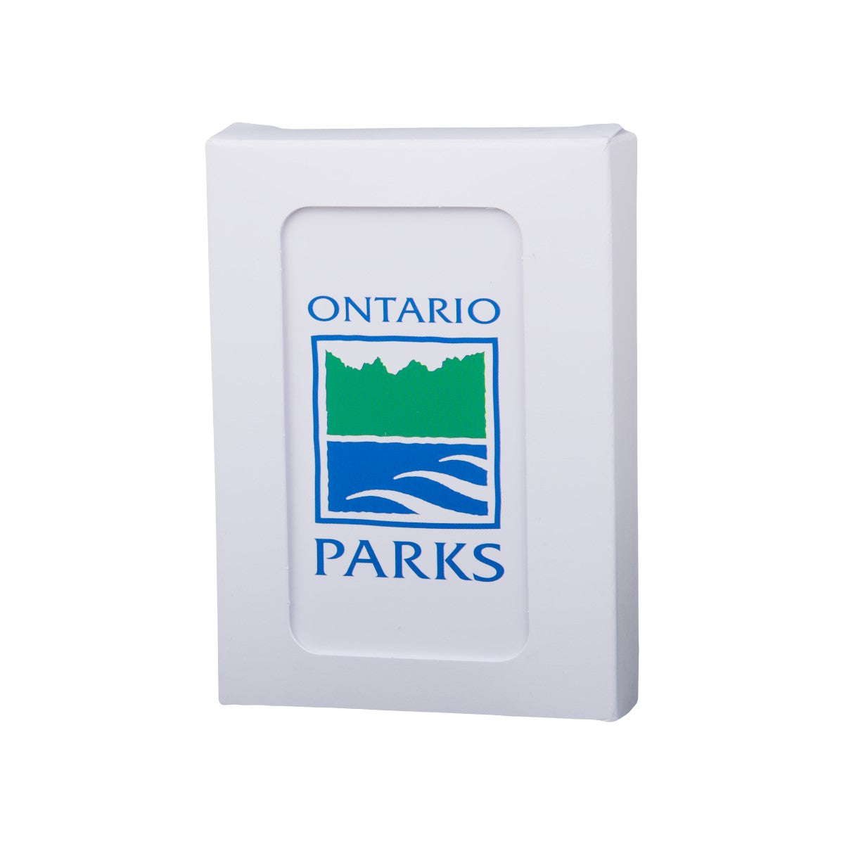 Product image of Ontario Parks Playing Cards on white background. Blue and green Ontario Parks logo in centre of white cards.