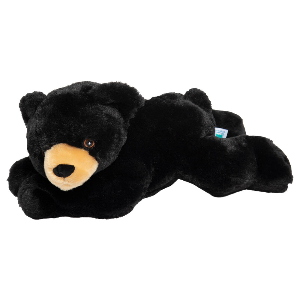 Black bear plush stuffed animal, front view laying down. Brown eyes, beige snout and Ontario Parks hangtag on bottom.  