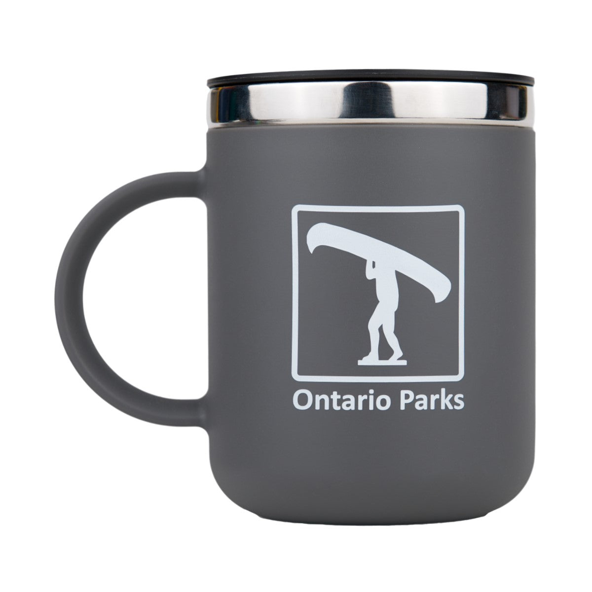 Front of Ontario Parks mug showing portage symbol