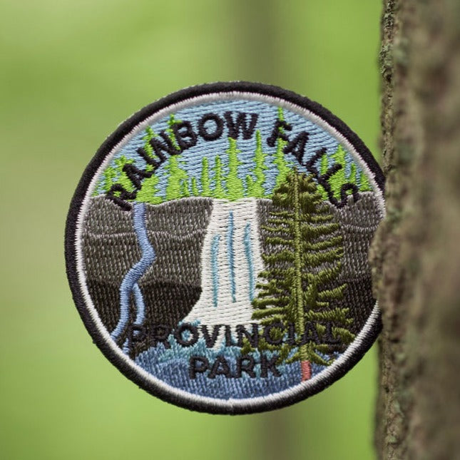 Round embroidered park crest patch for Rainbow Falls Provincial Park