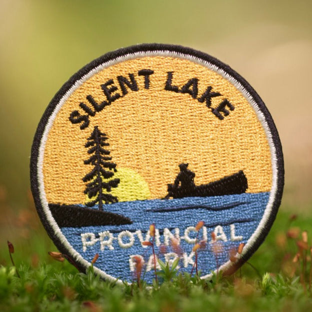 Round embroidered park crest patch for Silent Lake Provincial Park