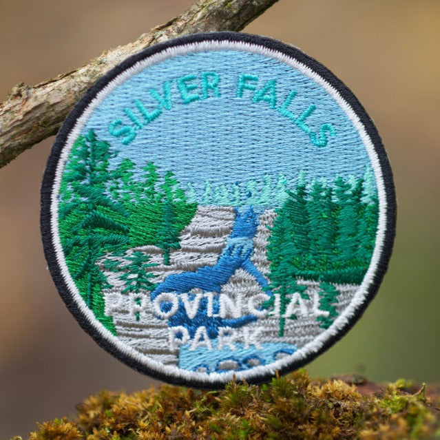 Round embroidered park crest patch for Silver Falls Provincial Park