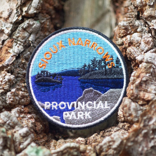 Round embroidered park crest patch for Sioux Narrows Provincial Park