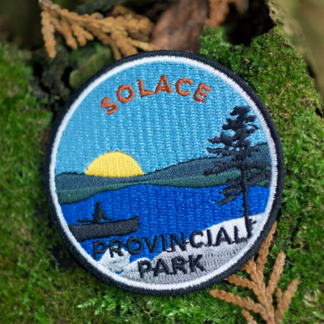 Round embroidered park crest patch for Solace Provincial Park