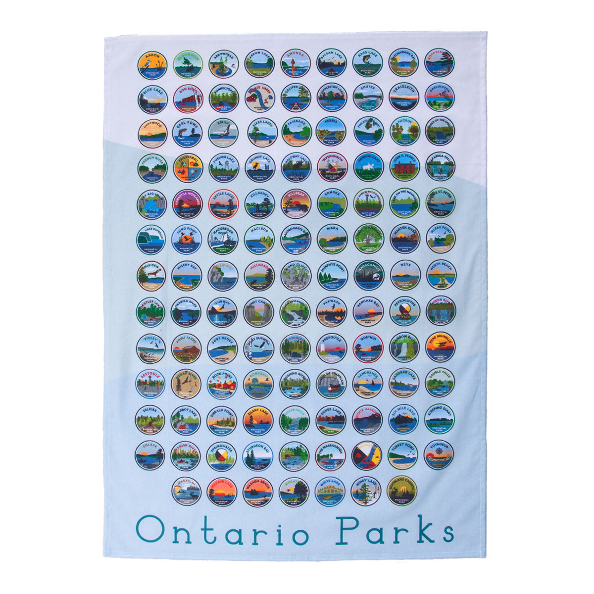 Ontario Parks Crest Tea Towel (light blue) featuring 115 park specific crests